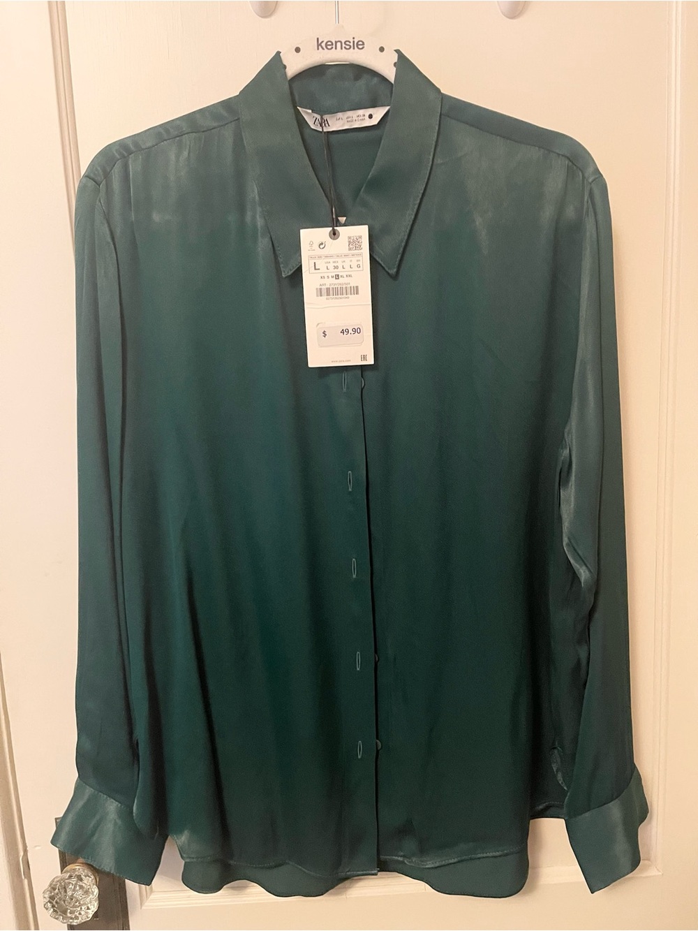 ZARA size L BNWT satin Forest Green Button-Up Shirt